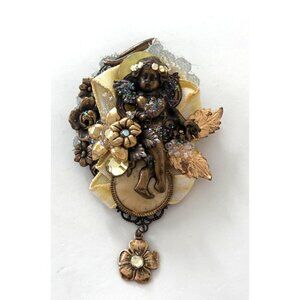 Vintage Fairy Brooch Pin Lace Rhinestones Floral Accents Gold Tone Dangle Charm